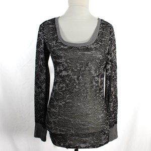 NWT 2000s Y2K Gray and Black Sheer Layering Casual Long Sleeve Top Size Large